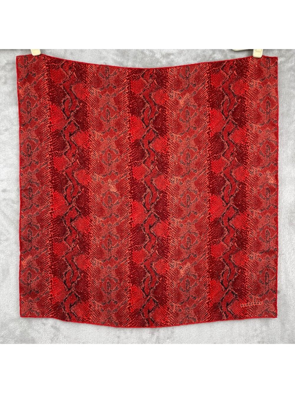 Burberry London Red Snake Print Silk Twill 26.5 Inch Scarf Spellout Logo Italy